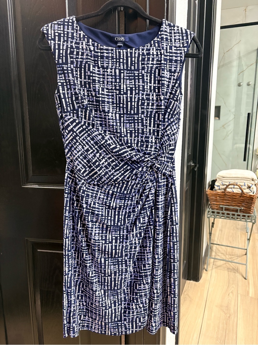 Chaps Navy and White Knot-Detail Sheath Dress